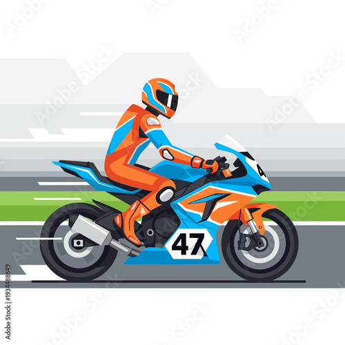 Motorcycle Racer in Orange and Blue Suit Speeds on Track