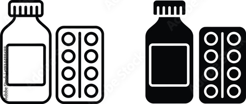 Medicine Bottle and Blister Pack in Simple Monochrome Design with White and Black Color Scheme for Health and Wellness Illustration