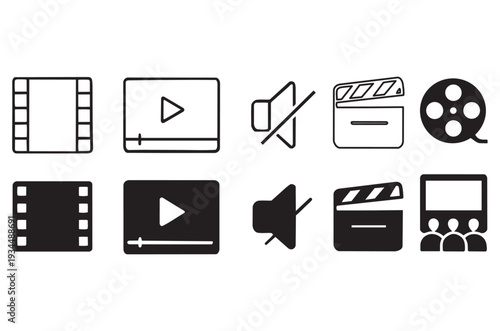Black and white film and video icons representing media and cinema