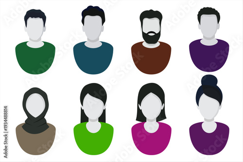 simple avatar collection set. people avatar icon set, male, female, hijab, beard, moustache etc. Vector illustration of unknown, anonymous person. vector characters collection set.