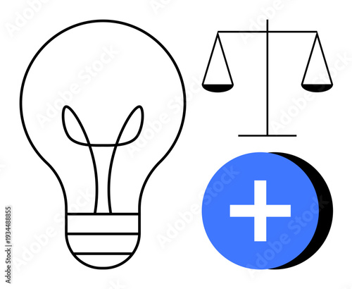 Innovation concept. Innovation ed by a light bulb for creativity, scale for balance, and plus for healthcare. Innovation connects balance and progress. For technology, medicine, business, learning