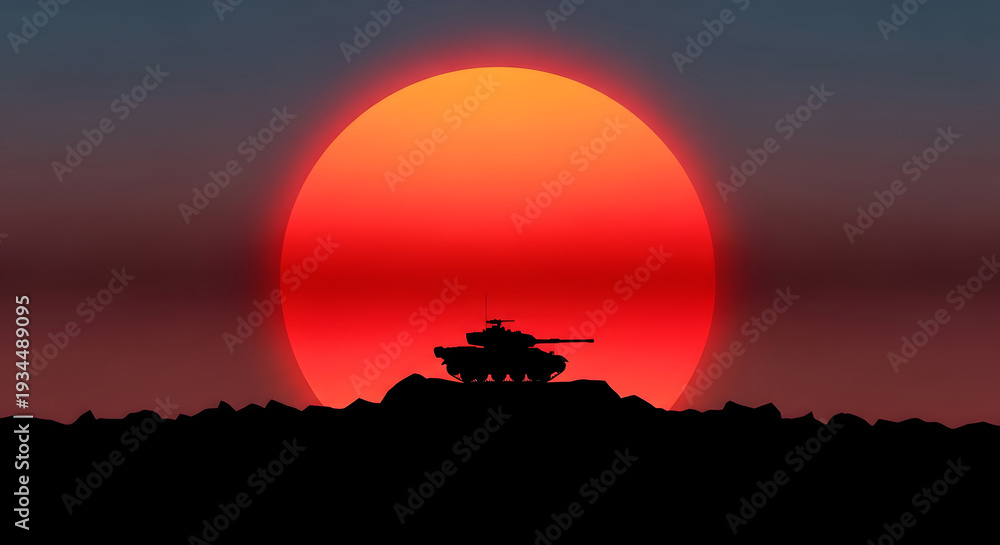 Fototapeta premium Silhouette of a military tank positioned on a rocky outcrop against a vast, fiery orange sun during a dramatic sunset, evoking themes of conflict and power.