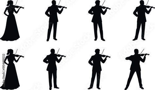 Black silhouette illustration set of eight violin players, diverse postures, formal attire, musical performance, cultural expression, orchestra vector design