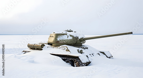 A vintage Soviet T-34 tank partially buried in deep snow on a desolate frozen landscape under a pale sky