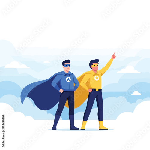 Two superheroes, one in blue and one in yellow, standing on clouds and looking heroic