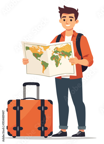 ragazzo con valigia e mappa per viaggio lontano o vicino, estate mare o montagna o spiaggia al mare vettoriale 