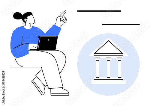 Woman with a laptop pointing upward beside a bank building icon. Ideal for banking, technology, finance, education, online services, e-learning, financial literacy. Clean and simple flat metaphor