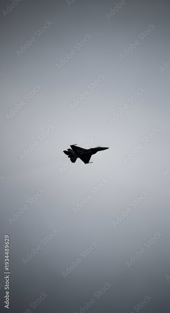 Fototapeta premium Silhouette of a powerful fighter jet soaring through a vast, overcast sky, showcasing advanced aviation and military might.