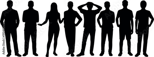 Group of Diverse People Silhouettes Showing Various Poses and Casual Attire Against White Background