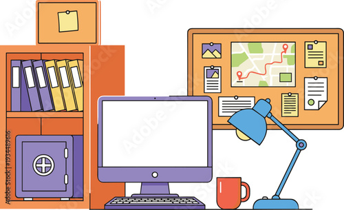 Minimalist workspace line art vector featuring a computer desk with lamp office supplies and a cork bulletin board.
