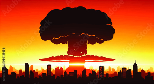 An apocalyptic mushroom cloud dominates the skyline over a silhouette of a city at sunset, representing nuclear destruction