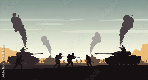 Silhouette of a battle scene with soldiers and tanks amidst smoke