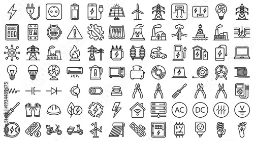 Set of 100 Electrical Energy Line Icons Vector