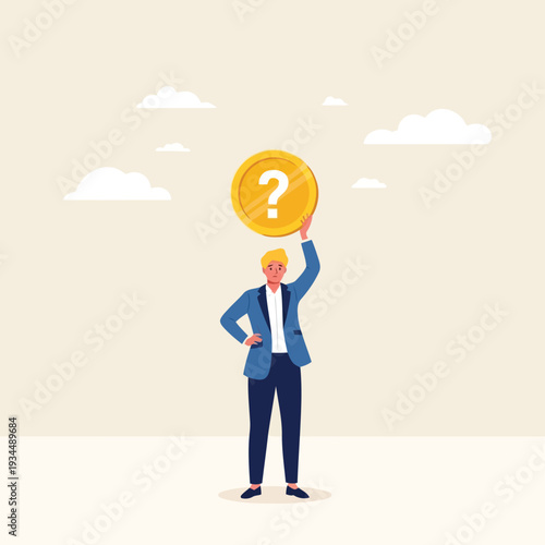 Man in a suit holding a golden coin with a question mark on it, symbolizing confusion or a financial dilemma