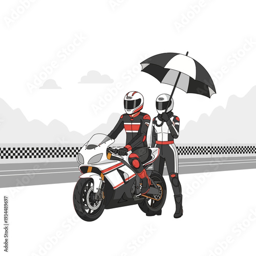 Motorcyclists in racing suits with umbrella on track, waiting for race