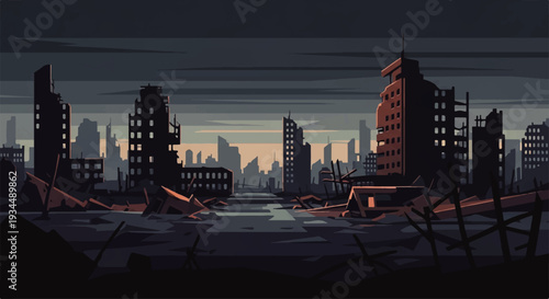 Pixel art, post-apocalyptic city skyline with ruined buildings under a cloudy sky at dusk