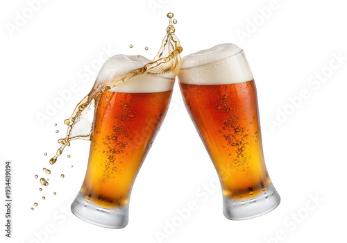Two glasses of beer clinking in a toast with splashing liquid on transparent background