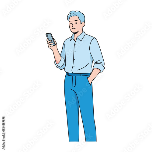A man in a light blue shirt and blue pants holding a smartphone in his hand