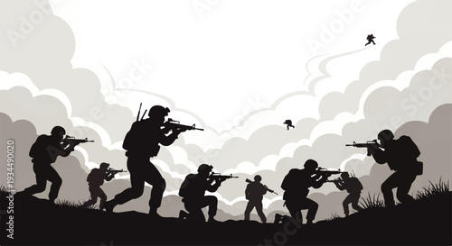 Silhouetted soldiers in formation, preparing for combat under a smoky sky with paratroopers descending
