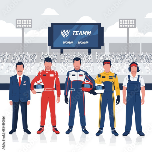 Motorsport Team: Racers, Manager, and Pit Crew at a Grand Prix Stadium