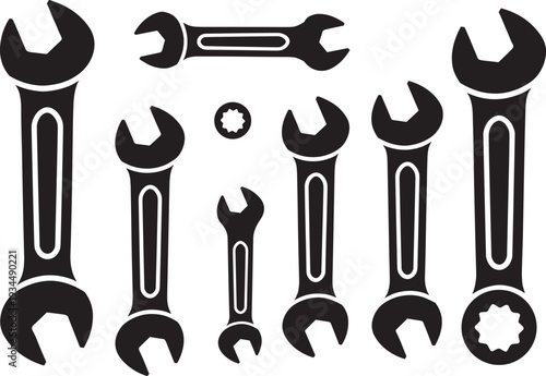 Automotive repair tool set with car silhouette vector illustration, professional mechanical wrench collection for vehicle maintenance, garage service icon isolated on white background