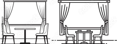 Simple line art illustrations of cafe tables with chairs and window curtains, representing dining, hospitality, or cozy seating arrangements. Minimalist vector.