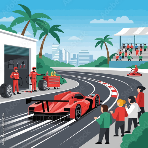 Race car pit stop, speed, motorsport, competition, racing track, victory, professional team