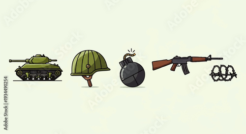 Flat design military icons set tank, helmet, bomb, rifle, brass knuckles. Represents war, combat, defense, and historical conflict with a stylized graphic approach