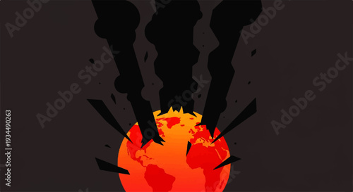 Apocalyptic imagery of a burning Earth with smoke plumes rising against a dark background, symbolizing global disaster and environmental collapse