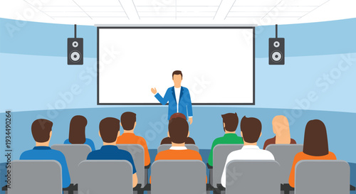 Business Presentation in Conference Hall, Professional Speaker at Seminar with Audience, Corporate Training Workshop, CAD Drawing Flat Vector Illustration for Business