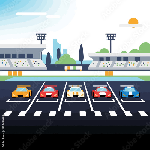 Race Cars Lined Up at Starting Grid, Ready for Competition on Track with Grandstands