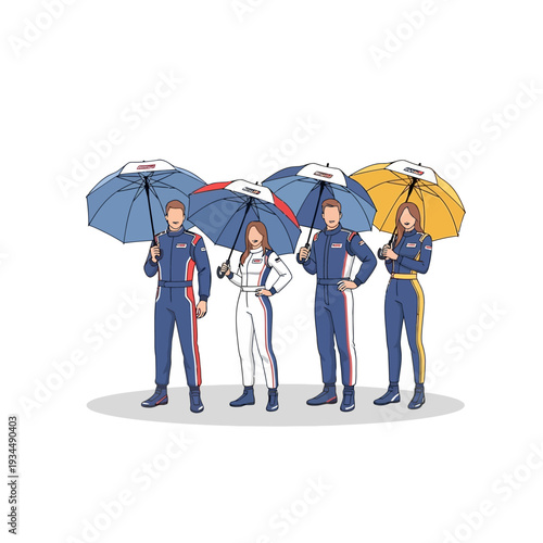 Race Team Members Holding Umbrellas in Rainy Weather