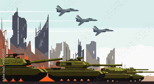 Pixelated battlefield tanks advance through a blazing, destroyed city as fighter jets fly above, depicting intense urban warfare and widespread devastation