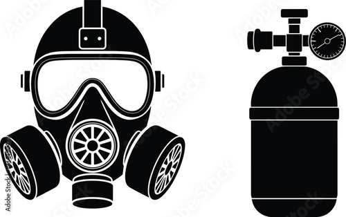 Black silhouette illustration set of gas mask with dual filters and pressurized gas cylinder, safety equipment, industrial hazard protection vector design