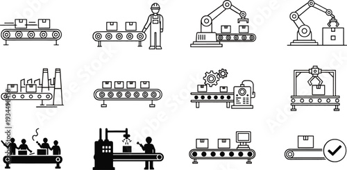 Factory Automation and Manufacturing Production Line Icon Set - Vector Illustrations of Assembly Line, Conveyor Belt, and Machine Operators.