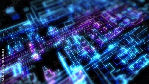 Technology digital glow line hologram big data perspective rotation view concept. HUD UI system, ai construction platform 4K motion background