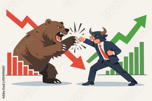 Bull and Bear Market Battle Illustration: Businessman in Bull Mask Fighting Grizzly Bear with Stock Market Growth and Recession Charts, Financial Investment Concept, Trading Trends Vector Art