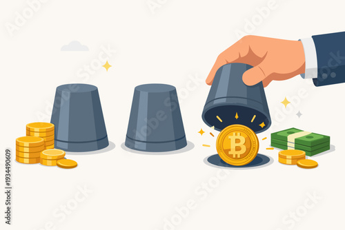 Bitcoin Cryptocurrency Investment and Gambling Game Concept with Hand Lifting a Cup to Reveal BTC Coin in a Shell Game, Representing Financial Risk, Profit, and Wealth Strategy Vector Illustration