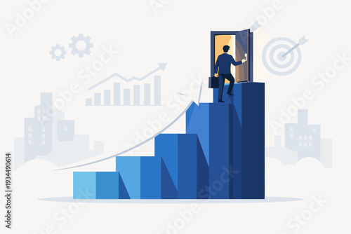 Smart businessman walking up bar chart staircase to open the door of success and opportunity, business growth concept with arrow, target, and city skyline background, achieving goals and career.