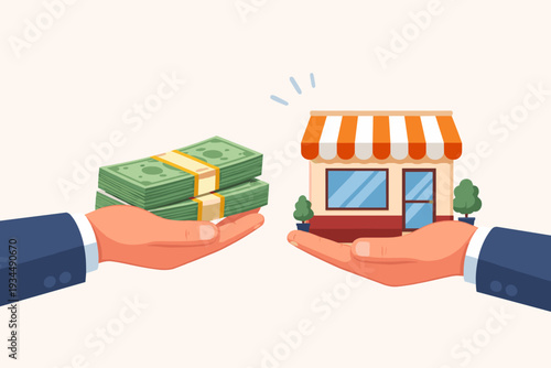 Professional Business Acquisition and Company Buyout Concept with Hands Holding Stacks of Cash Money and Storefront Building. Merger, Takeover Agreement, Selling Small Business or Franchise.