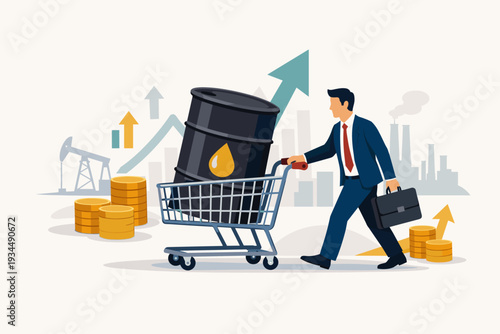 Businessman Pushing Shopping Cart with Crude Oil Barrel, Concept of Oil Investment, Market Growth, Rising Fuel Prices, Energy Stock Trading, Global Economy, Industrial Profit and Commodities.