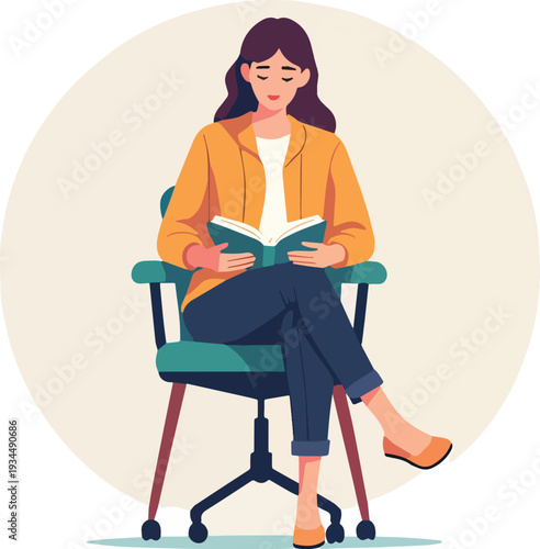 donna che legge un libro seduta sedia o poltrona vettoriale