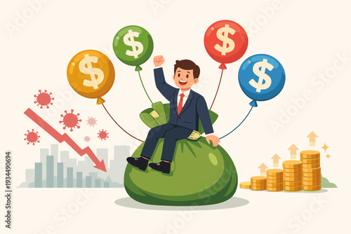 Successful businessman sitting on a money bag with dollar balloons during a COVID-19 financial crisis, illustrating market crash, stock investment growth, dividend returns, and wealth success.