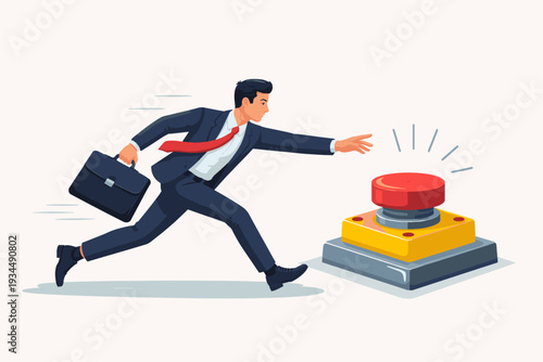 Businessman in a suit running fast to push a big red emergency button, concept for launching a startup, business success, urgent action, deadline pressure, control, and starting a new project.