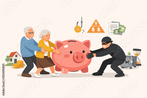 Elderly Couple Protecting Retirement Savings Piggy Bank from Fraudster and Scams, Concept of Financial Security, Pension Protection, Ponzi Scheme, Phishing, and Investment Risk for Retirees