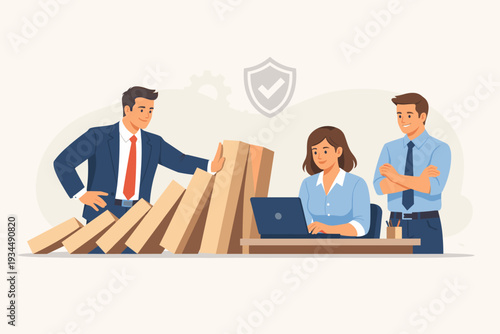 Businessman Stopping Falling Dominoes to Protect Office Employee Working on Laptop, Concept of Reliable Leadership, Risk Management, Trustworthy Support, Problem Solving and Business Stability.
