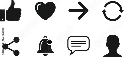 Social media icons including like heart arrow refresh share bell message and profile on white background Keywords: social media