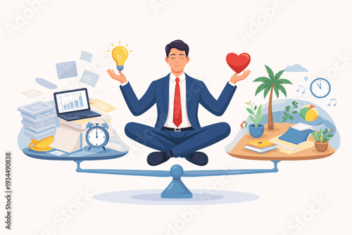 Businessman meditating in lotus pose on a scale balancing work and life, holding a lightbulb and heart for mental health, stress management, productivity, and harmony in professional career.