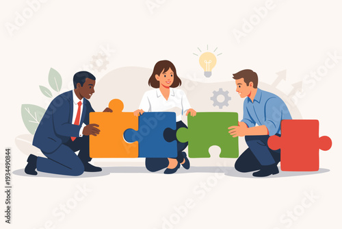 Diverse business team collaborating and working together to solve complex problems by connecting large jigsaw puzzle pieces, representing partnership, synergy, innovation, and corporate success.