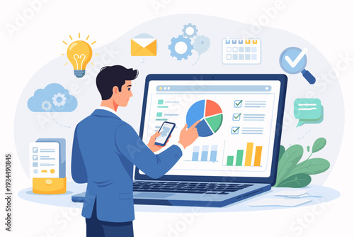 Businessman Analyzing Data Charts on Laptop with Self-Service Software and Smartphone. Concept of Digital Transformation, Business Management, Productivity, and Online Assistance Illustration.